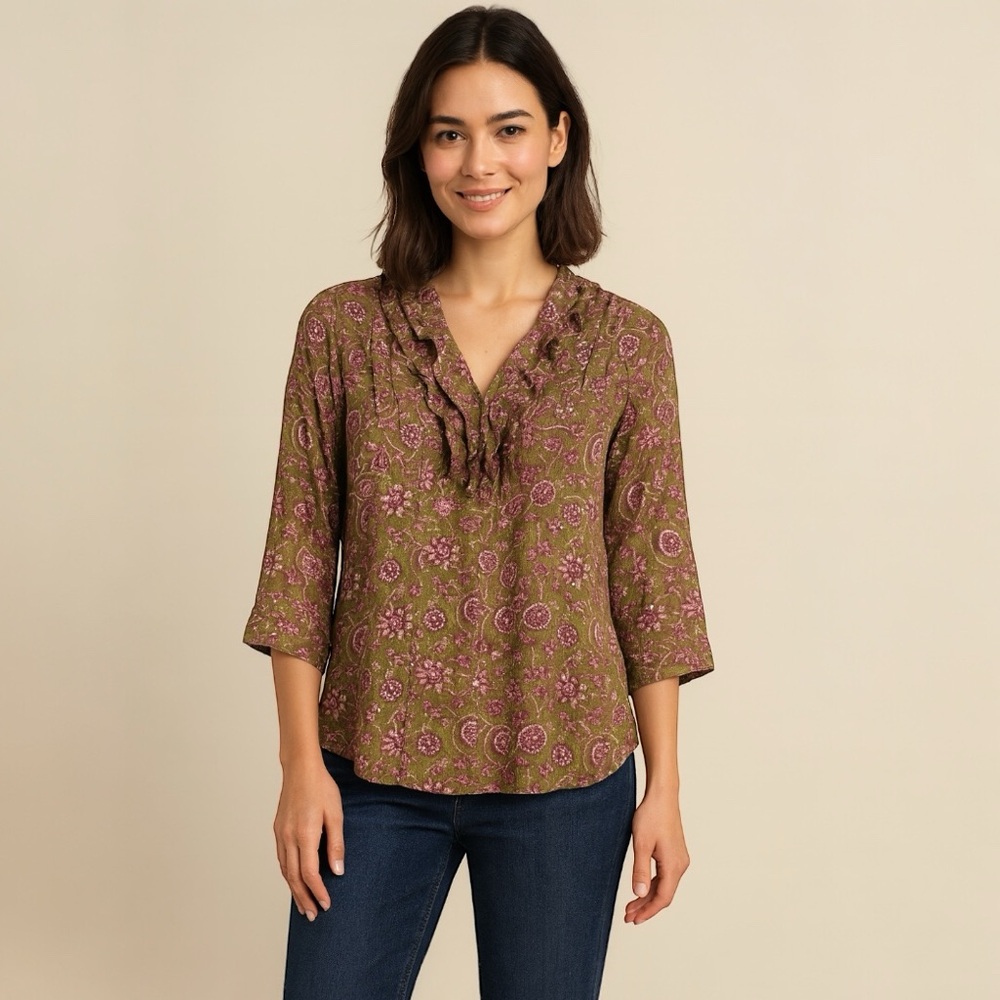 Soft Surroundings Boho Floral Ruffle Tunic Blouse Olive Green | Medium